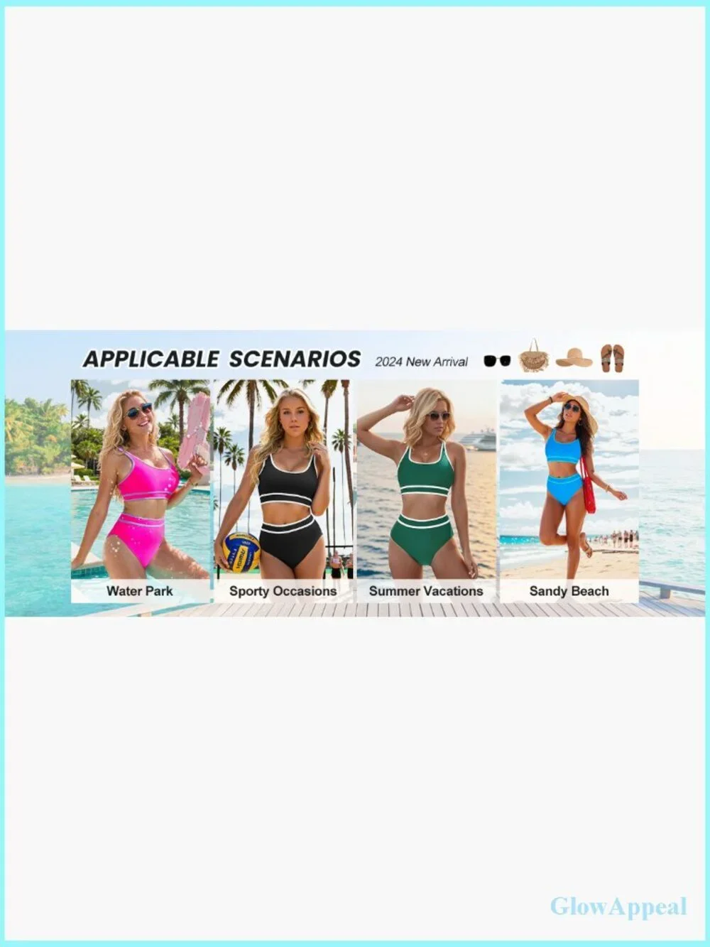 High Waist Bikini Sets Sporty Color Block Two Piece Swimsuits Scoop Neck Cheeky